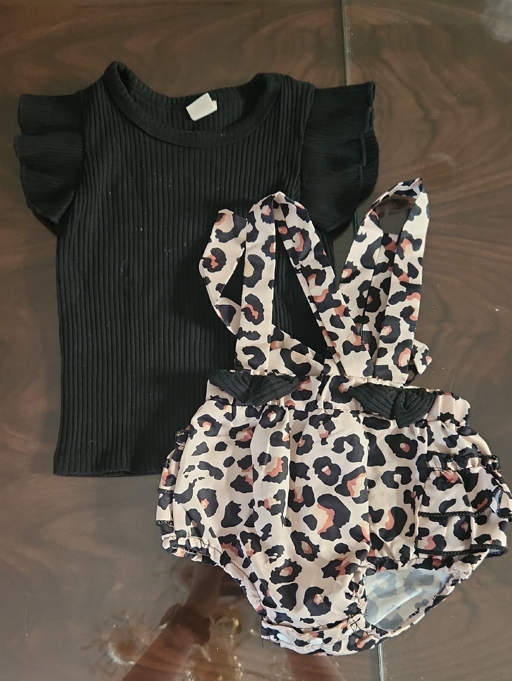 Black Ribbed Flutter Sleeve Top with Leopard Print Suspender Romper